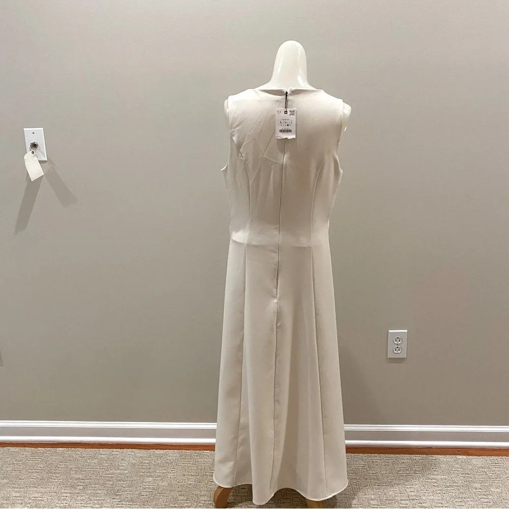 Zara NWT Cream Sleeveless Faux button Midi Dress attached Gold belt size Large - Picture 10 of 12